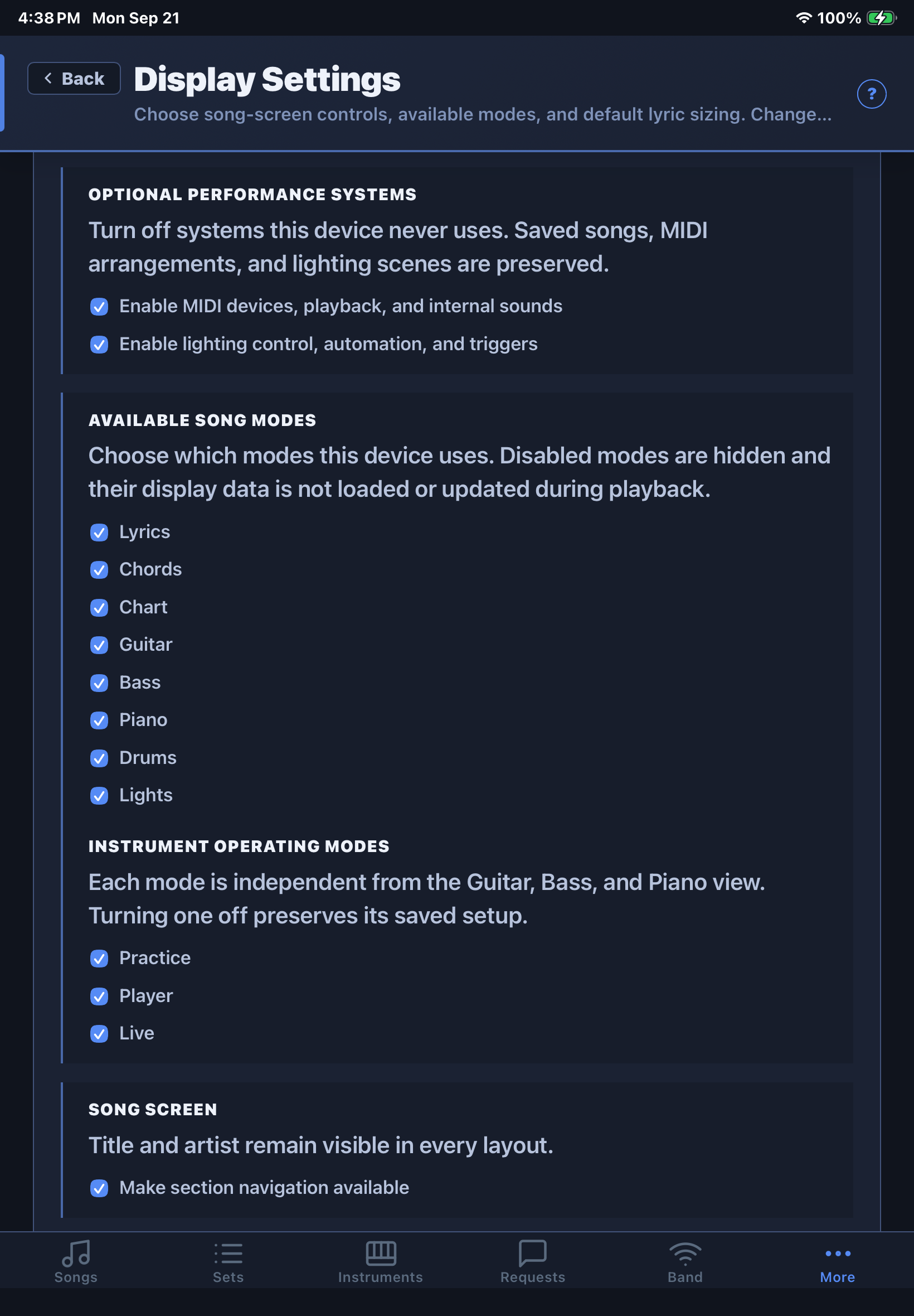 Cuevera Display Settings showing MIDI and lighting systems, available song modes, instrument modes, and section navigation
