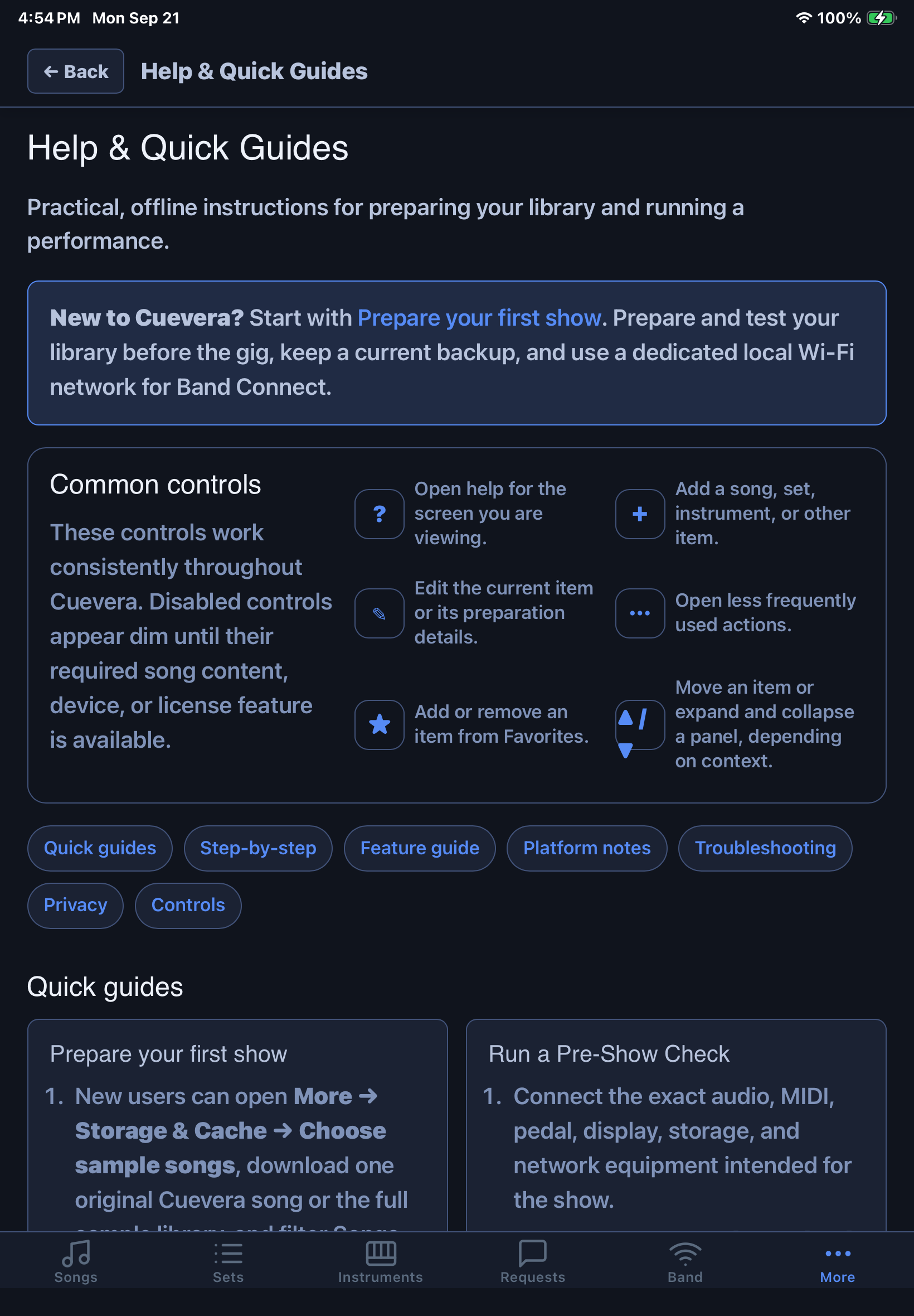 Cuevera Help and Quick Guides showing its fixed Back header, common controls, guide categories, and beginner procedures