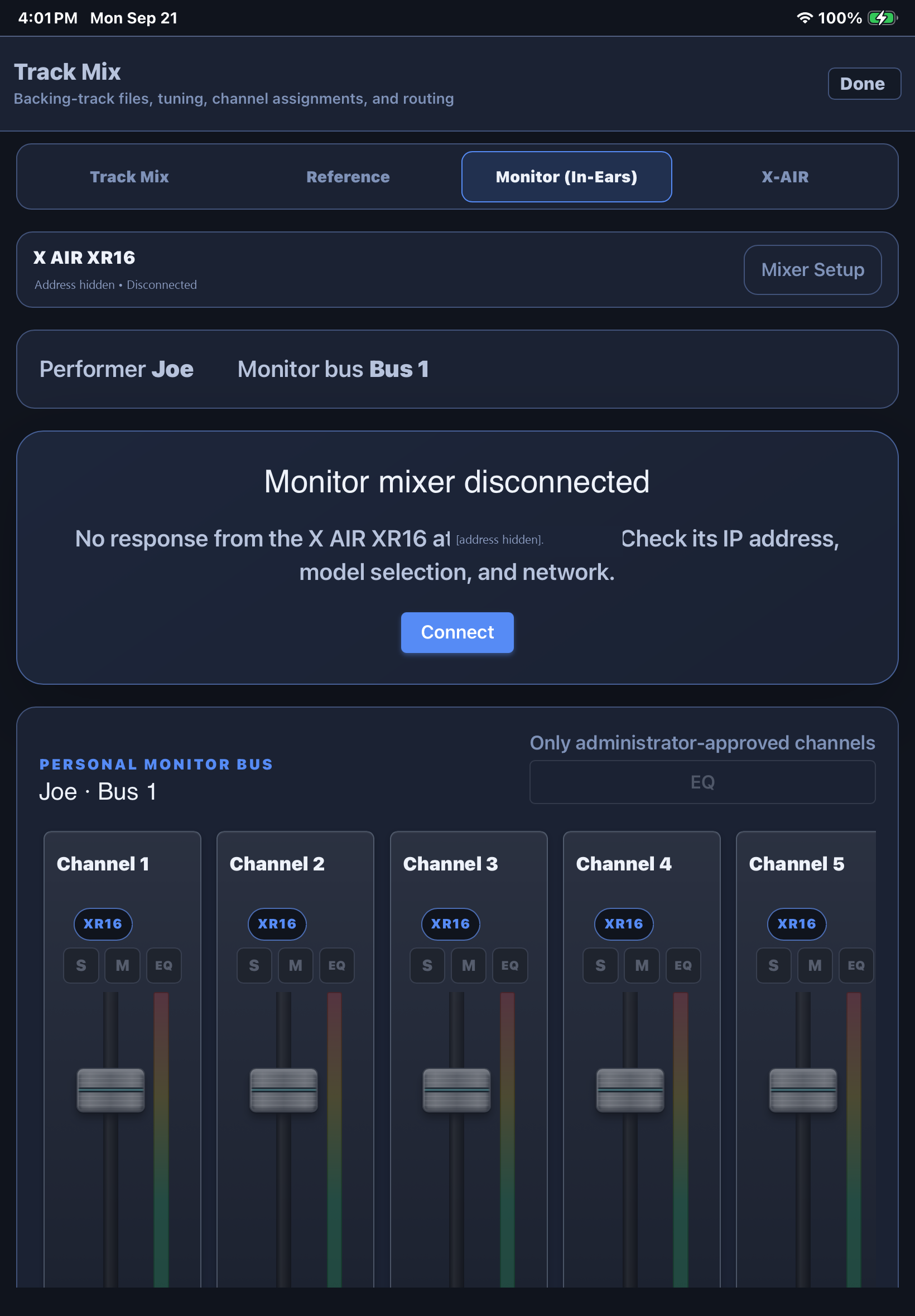 Cuevera Personal Monitor showing the assigned performer bus, approved channels, mixer state, and channel controls with the private address hidden