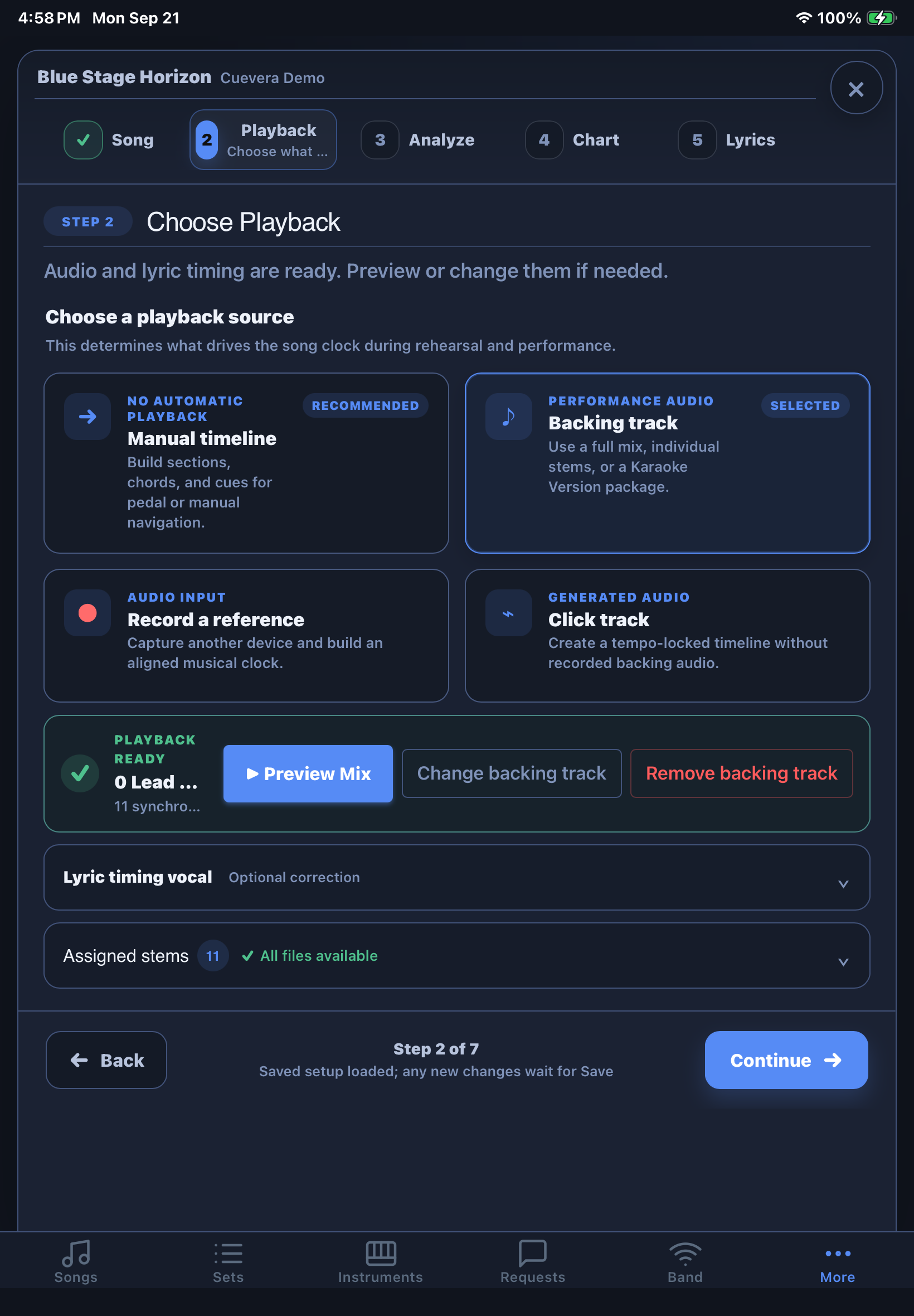 Cuevera Prepare Song Playback step showing manual timeline, backing track, recorded reference, and click-track choices