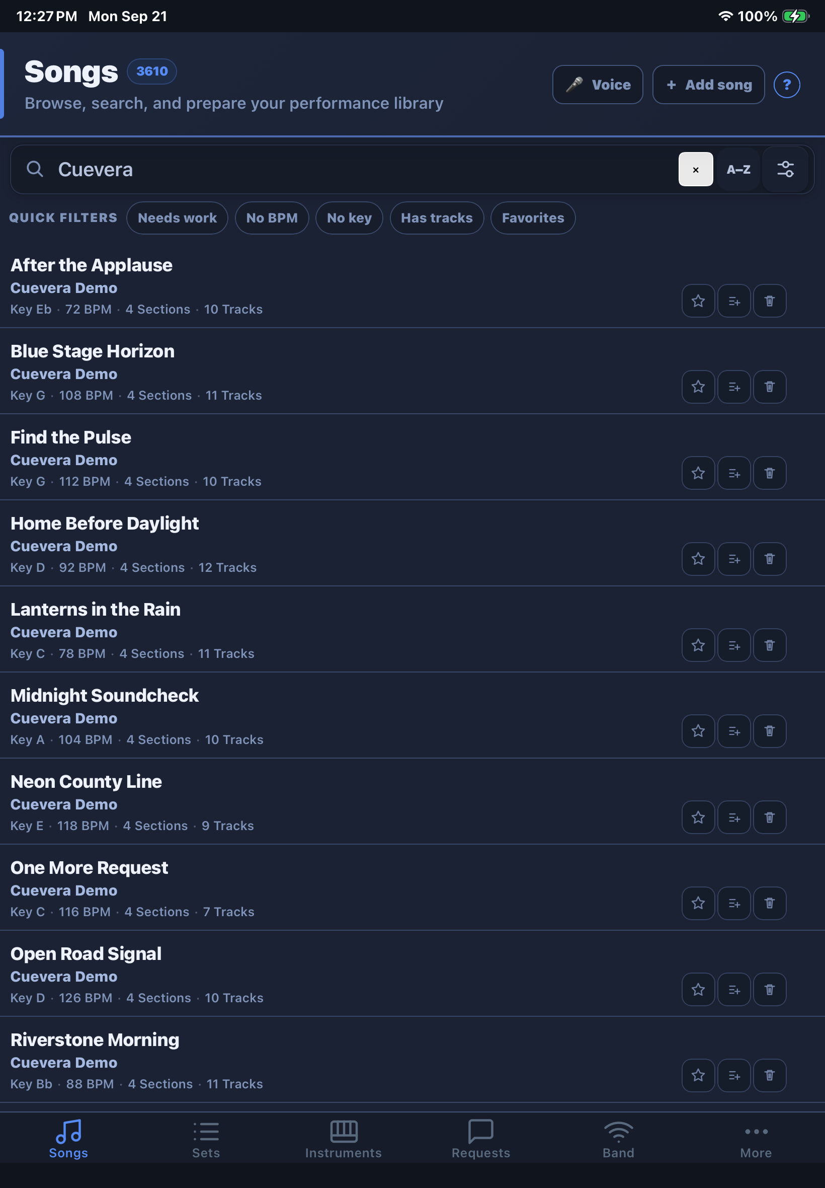 Current Cuevera Songs library showing downloadable Cuevera sample songs with keys, tempos, sections, and readiness status