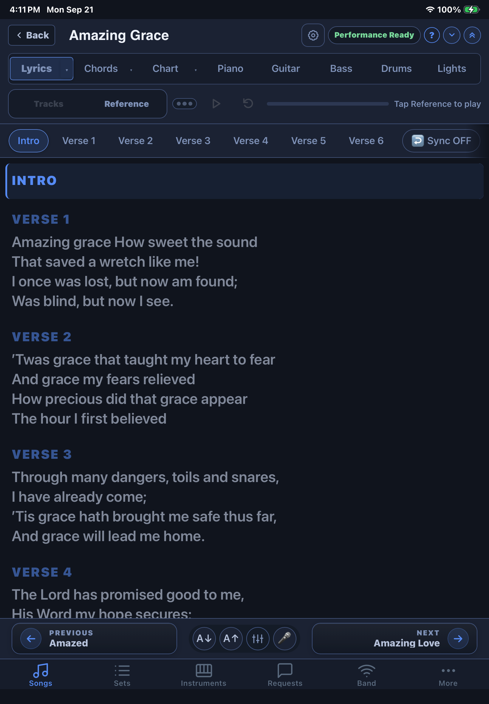 Cuevera performance view opened to Amazing Grace after voice song selection